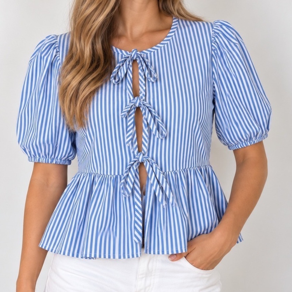 Blue White Striped Bow Tie Front Peplum Blouse Puff Sleeve Coastal Preppy